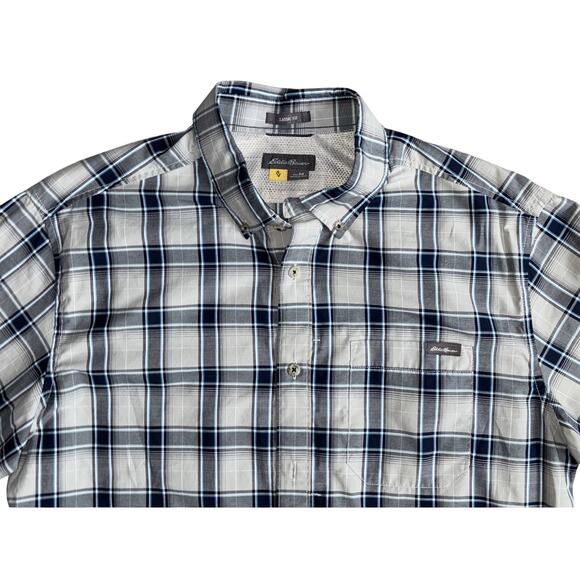 Eddie Bauer Travex Mens Button Up Shirt Medium Gray Plaid Classic Fit Pocket EUC - Picture 4 of 13